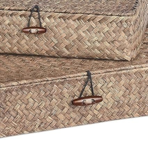 Set of 2 Flat Woven Wicker Baskets with Lid, Natural Seagrass Basket Boxes, Multipurpose Organiser, Boxes for Shelf Organizer