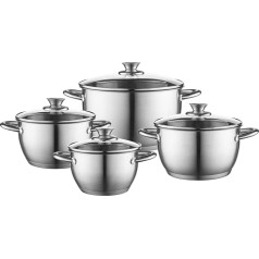 Henry 5K6542 Cooking Pot Set Stainless Steel 8-Piece Induction 4 Saucepans 4 Glass Lids Suitable for All Hobs Dishwasher Safe