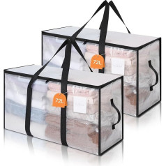 AiQInu Pack of 2 72 L Storage Bags with Lid, Waterproof Moving Boxes, Transparent with Zips, Handle, Underbed Storage Box, Wardrobe Organiser for Moving, Clothes, Blankets