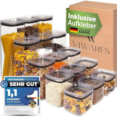 Storage Jars with Lid Airtight – Set of 15 Storage Containers – BPA Free – Pouring Jars for Flour, Sugar & Cereal Storage Kitchen – Practical Storage Box Kitchen for All Foods