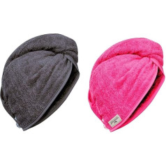 Hair Turban Cotton Set of 2 I 2 x Sturdy Turban Towel with Button and Loop Pink/Grey I Hair Towel Absorbent for Gentle Hair Drying Without Plastic