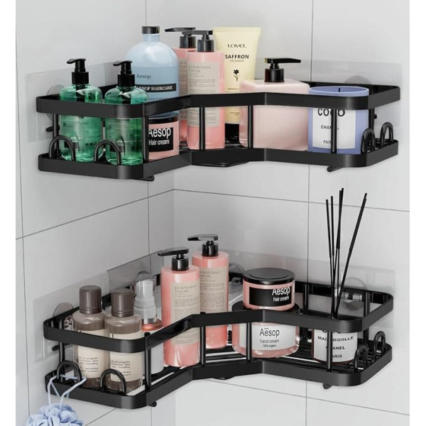 Corner Shower Caddy - 2 Pack Rustproof Bathroom Corner Shelves No Drilling Adhesive Suction Cup for Accessories and Storage Black