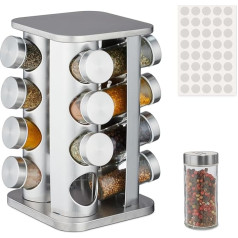 Relaxdays Spice Carousel, 16 Spice Jars, 40 Labels, 360° Rotating, Stainless Steel, Glass, H x W x D: 28 x 20 x 20 cm, Silver