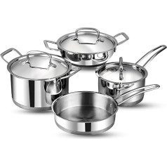 Vinod Classic Deluxe Stainless Steel Combination Set, Induction Friendly, 4-Piece Saucepan (16cm/2.1L) with Lid, 20cm/3.8L Saucepan, Kadai with Lid (20cn/1.8L) and Frying Pan (20 Pieces)