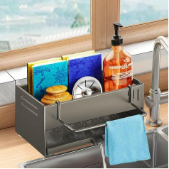Sink Organiser, Sink Caddy Kitchen Organiser, Kitchen Sponge Holder with Self-Draining Drain Tray, Sponge Holder, Dish Cloth Holder, Washing Up Liquid Holder for Kitchen, Bathroom, Black