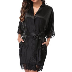 TOEECY Women's Dressing Gown Bathrobe Satin Sexy Kimono Short Robe V-Neck Sleepwear with Belt Lightweight Floral Lace Nightdress for Bride Bridesmaid