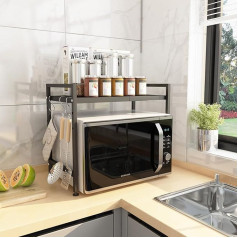 2 Tier Extendable Microwave Shelf with 3 Hanging Hooks, Microwave Stand with Storage for Kitchen Counter Organiser, Printer Stand (Black)
