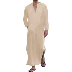 YAOHUOLE Men's V-Neck Kaftan with Side Split, Short Sleeve Cotton Robe with Pockets