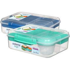 Sistema To Go Bento Box Cubes, 1.65 L, Lunch Box for Break with Compartments and Snack Box, BPA-Free, Pack of 2, Minty Teal & Ocean Blue