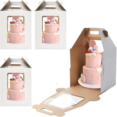 Pack of 4 Cake Boxes with Handle, Cake Box with Viewing Window, Cake Transport Box, Cardboard Cake Transport Boxes, Cake Boxes and Cake Containers, 14 x 14 x 16 Inches / 35.6 x 35.6 x 40.6 cm