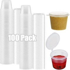 100 x Round Food Containers with Lids Plastic Hinged Reusable Jelly Shot Glasses Clear Small Deli Restaurants Salads 25ml