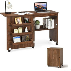 LIFEZEAL Folding Sewing Machine Cabinet, 2-in-1, Wooden Desk with Hooks, Shelf & Wheels, Mobile Sewing Table, Sewing Furniture for Home & Office (Brown, 117 x 40 x 77 cm)