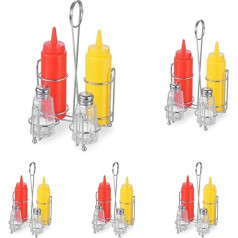 HENDI Cruet Set, Two Glass Shakers (60 ml), 2 Squeeze Bottles Made of Polyethylene, Spice Rack, Squeeze Bottles: 0.35 L, Stainless Steel 18/0 (Pack of 5)