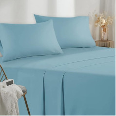 Double Bed 160 - 4-Piece Microfibre Bed Linen Set - Fitted Sheet - Top Sheet - 2 Pillowcases 50 x 80 cm - Double Bed 160 x 190/200 cm Light Blue