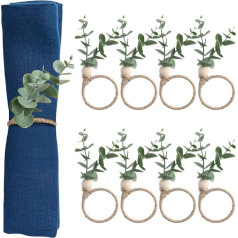 Napkin Rings Set of 8 Rustic Farmhouse Napkin Rings Boho Green Leaf Napkin Rings Eucalyptus Wood Beads Napkin Rings Holder for Christmas, Easter, Thanksgiving