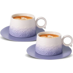 ZENS Cappuccino Cups with Saucer, Set of 2, 220 ml Embossed Cappuccino Cups for Latte Art, Coffee Cups, Espresso Cups, Stoneware, Tea Cup with Saucer, Gifts for Women, Purple
