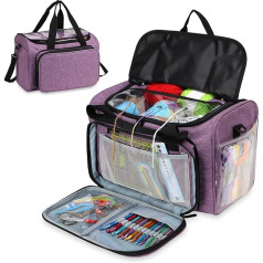 Yarn Knitting Storage Tote Large Capacity Crochet Organiser Portable Travel Bag with Shoulder Strap Crochet Hooks Case for Unfinished Bulk Project (Purple)