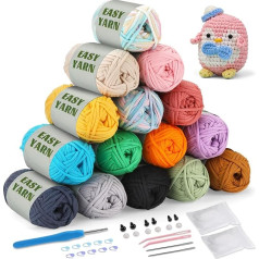 Pack of 15 Crochet Yarn for Beginners, 15 x 50 cm Easy Yarn, Thick Yarn for Crochet, T-Shirt Yarn for Crochet, Crochet, No Split Yarn, Chunky Cotton Yarn, Easy Recognitive Stitches for Knitting,