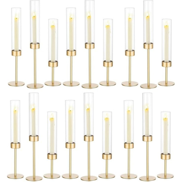 Romadedi Candle Holder Taper Candle with Glass Cylinder for Table Candle Holder Glass High Base Taper Candle Holder Metal for Christmas Table Wedding Dining Table Home Party Decoration Set of 18