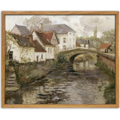 UPWOIGH Framed Vintage Wall Art 12x16 Country Oil Painting Belgian Village Canal Print European City Rustic Decor Antique Painting Atmospheric Autumn Country House Artwork for