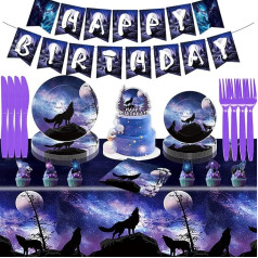 Wolf Party Supplies Wolf Birthday Party Decorations Tableware Includes Wolf Theme Tablecloth Banner Paper Plates Napkin Cake Tableware and Topper for Wild Animal Galaxy Wolf Theme Party