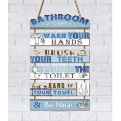KAIRNE Bathroom Decoration Blue Wooden Toilet Sign Wash Your Hands Brush Your Teeth Rustic Hanging Wooden Sign