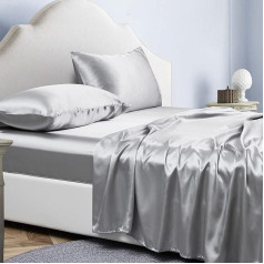 Fitted Sheet 4-Piece Satin Glossy Plain 200 x 200 cm for Mattresses up to 36 cm, Flat Sheet Set with Flat Sheet, Fitted Sheet, 2 Pillowcases - Light Grey
