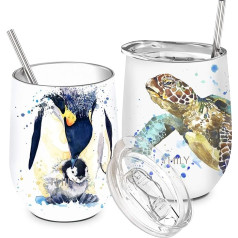 THILY Insulated Wine Glasses Stainless Steel Cute Stemless Travel Glasses with Sliding Lids and Metal Straws, Keep Hot or Cold for Wine, Coffee, Juice, Pack of 2 (Sea Turtle + Penguin)