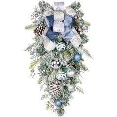 Christmas Decoration Drop Garland for Christmas - Blue/Silver Christmas Teardrop Swag with Christmas Baubles, Berries, Pine Cones and Bow, Christmas Decoration, Height 76 cm