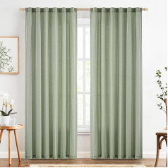 TOPICK Curtains in Green for Living Room Bedroom Kitchen Linen Striped Curtains Striped Curtains with Drawstring Country House Style Modern Semi-Transparent Curtains Set of 2 140 W x 225 H cm