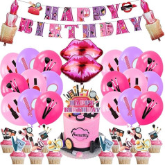 Spa Make-Up Birthday Party Supplies Decorations Included Spa Happy Birthday Banner, Cake Topper, Cupcake Topper and Balloons Set for Girls Children Makeup Theme Party