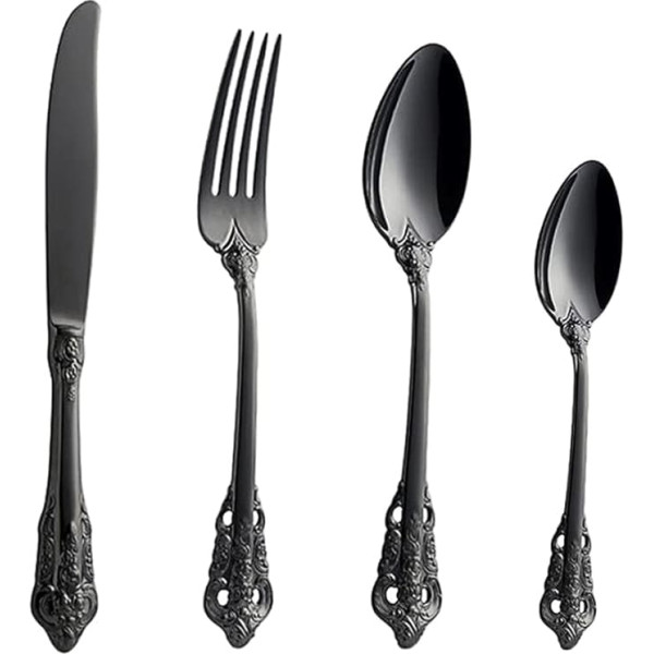 WULUN Stainless Steel Cutlery Set Baroque 4-Piece with Knife, Fork, Spoon, Coffee Spoon, Antique Royal Style, Dishwasher Safe
