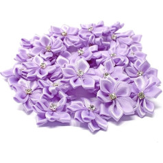 Lilac 25mm Satin Ribbon Flowers with Rhinestone Diamante Centre, Craft Flowers (10)