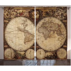 ABAKUHAUS World Map Rustic Curtain, Historical Old Atlas, Living Room Universal Tape Curtains with Loops and Hooks, 280 x 260 cm, Brown Camel