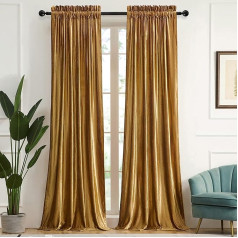 PRIMROSE Gold Curtains for Living Room Velvet Blackout Rod Pocket Window Curtains Treatment Semi Room Darkening Decoration Gold Curtains for Bedroom Set of 2 Panels
