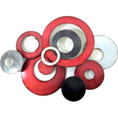 New - Metal Wall Art Decor Sculpture - Red Grey Linked Circle Disc Abstract