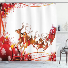 ABAKUHAUS Santa Claus Shower Curtain, Christmas Baubles and Reindeer, Fabric Fabric Bathroom Decoration Set with Hooks, 175 x 200 cm, Pale Brown Red