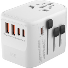 GaN 65 W Universal Travel Adapter Worldwide International Plug Adapter Travel Charger with 3 PD USB C and 2 QC USB-A Universal Plugs Worldwide for EU, USA, UK, from 200+ Countries (White)
