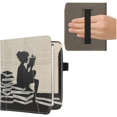 kwmobile Flip Case Compatible with Pocketbook Era/Era Colour - Front Compartment Hand Strap - Woman Reading Black Beige