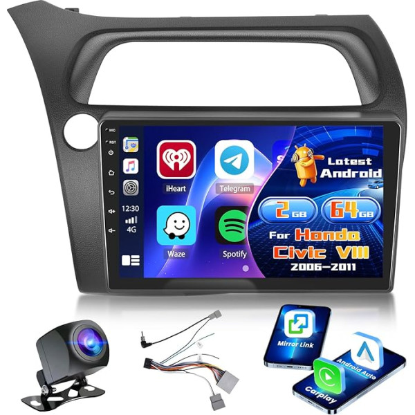Radio for Honda Civic VIII 2006-2011 Android 2+64G with Wireless CarPlay Android Car, 9 Inch Screen with EQ 26UI FM RDS GPS Bluetooth WiFi SWC AHD Rear View Camera