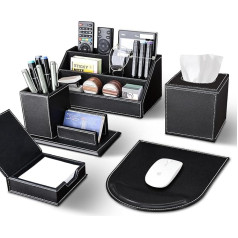 KINGFOM Office Accessory Set Black, 5-Piece PU Leather Desk Set with Desk Organiser, Cosmetic Tissue Box, Mouse Mat, Pen Holder with Business Card Case and Note Box (T50H-Black)