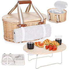 Picnic Basket Set for 2 Person - Insulated Wicker Basket with Waterproof Blanket, Folding Picnic Table for Wine & Cutlery Sets, Picnic Baskets Set for Camping, Outdoor, Valentine's Day (White Flower)