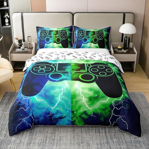 Gamer Gaming 100% Cotton Bed Linen Set 135 x 200 cm Lightning Gamepad Beds for Game Console Beds Green Blue Modern Bedding Set
