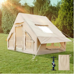 Inflatable Tent with Pump, Large Family Tent, Easy to Assemble, 4 Seasons Waterproof Glamping Tent with Mesh Windows and Chimney Opening, 4 Person Tents for Camping, Outdoor