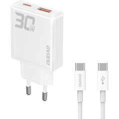 Dudao GaN 30W USB-A - USB-C tīkla lādētājs ar USB-C kabeli - balts