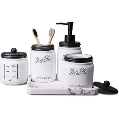 LKKL Mason Jar Bathroom Accessory Set 5 Pieces Bathroom Glasses Complete Set with Soap Dispenser Toothbrush Holder Dressing Table Tray 2 Cotton Glass Organiser Rustic Farmhouse Decoration - Black