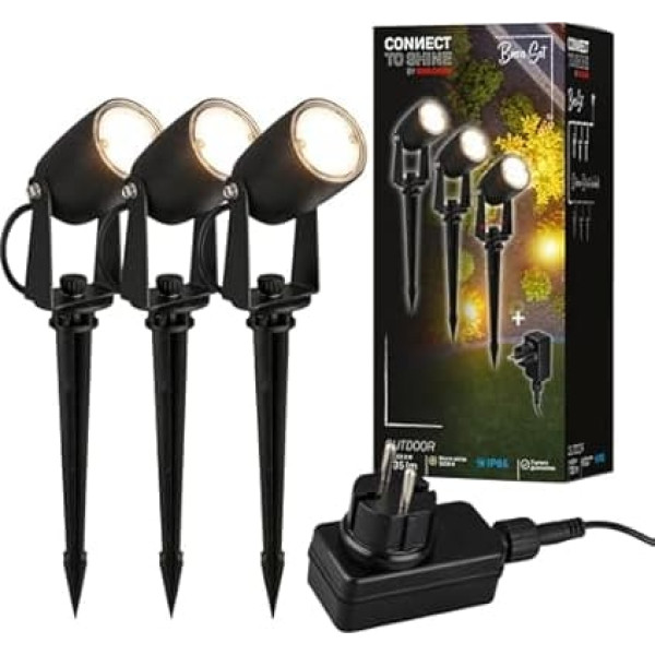 BRILONER - Connect to Shine 12 V Garden System Set of 3 LED Spotlights with Ground Spike, Basic Set with Transformer, IP65, Warm White Light, Garden Lighting, LED Garden Spotlight, 25.5 x 4 cm, Black