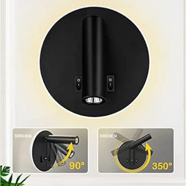 LED Reading Lamp Wall Lamp USB Type-C Two Charging Mouth Switch Adjustable 12 W LED Spotlight 3000 K Wall Reading Lamp Aluminium Bed Lamp Rotatable (Round Black)