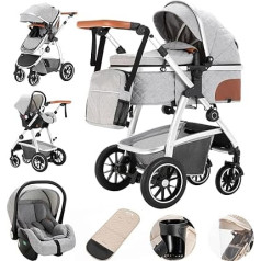 3-in-1 Pram, Buggy with Car Seat with Height-Adjustable Pushchair Complete Set, Combination Pushchair with Aluminium Frame for Newborns 0-4 Years