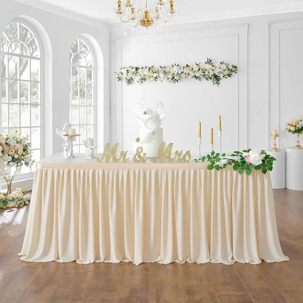 427 cm Ivory Polyester Table Skirts for Rectangle Tables, Wrinkle-Free Ruffle Pleated Cloth Tutu Table Skirt 14ft for Banquet Wedding Birthday Baby Shower Trade Meeting Cake Dessert (No Top Cover)